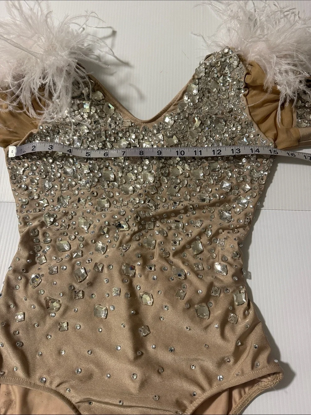 Glamour solo Crystal rhinestone feather dance costume nude tan SA-Small adult